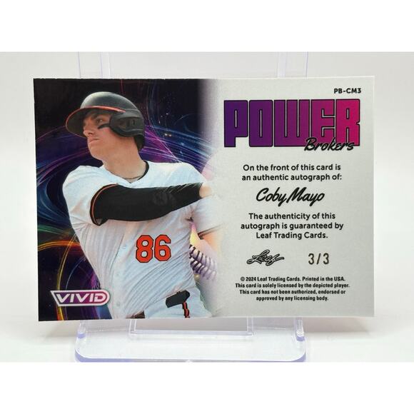 2024 Leaf Vivid Coby Mayo Power Brokers Orange Lava Auto 3/3 SSP Orioles - Picture 2 of 2